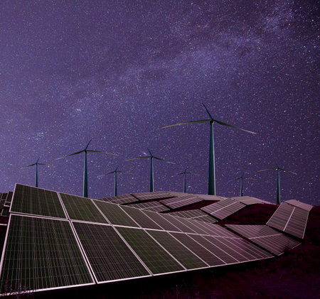 Solar pv panels and the Milky Way, solar photovoltaic panels at night, and wind power
