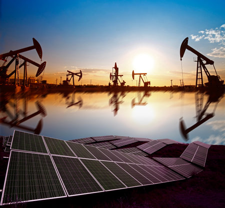 Oil pump with solar panels, industrial equipmentの写真素材
