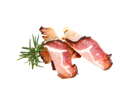 Italian prosciutto crudo or spanish jamon. Jerked meat, isolated on white backgroundの写真素材