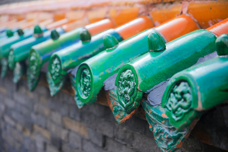 The blue glazed tiles on the wall as the background, the traditional architecture, Very elegantの写真素材