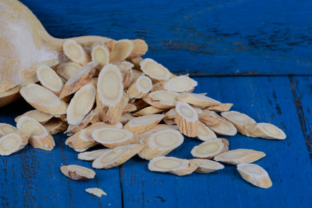 Chinese herbal medicine astragalus membranaceus on a white background, close-up picturesの写真素材
