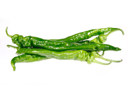 Fresh green chilies on white backgroundの写真素材