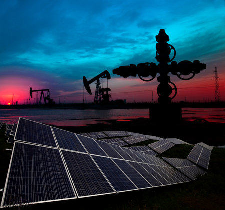 Oil pumps and solar panels, industrial equipmentの写真素材