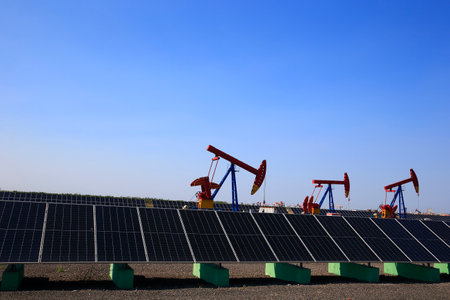 Oil pump, natural gas processing plant, with wind turbine, solar panel, industrial concept, energy...