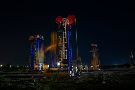 Pump platform for oil production in oil field at night.Oil and gas industry.