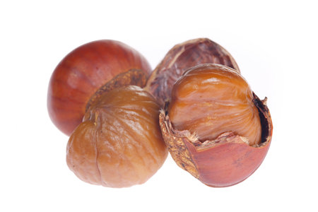 Chestnuts on a white background, taken up closeの写真素材