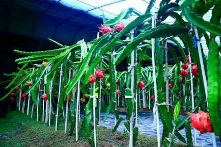 Dragon fruit hanging in a treeの写真素材