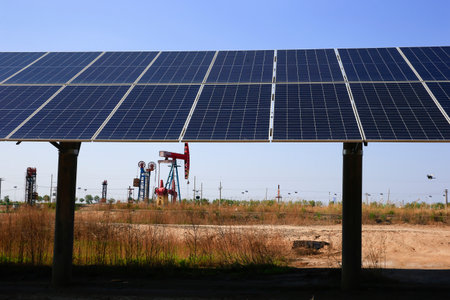 Oil pump, natural gas processing plant, with wind turbine, solar panel, industrial concept, energy saving.の写真素材