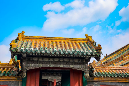 The blue glazed tiles on the wall as the background, the traditional architecture, Very elegantの写真素材