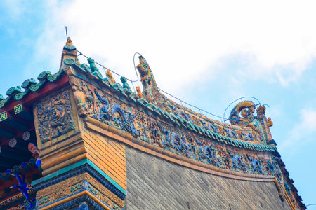 The blue glazed tiles on the wall as the background, the traditional architecture, Very elegantの写真素材