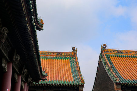 The blue glazed tiles on the wall as the background, the traditional architecture, Very elegantの写真素材