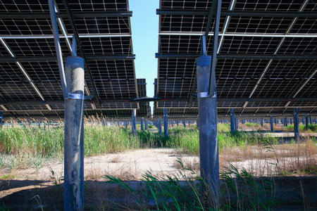 The power plant has rows of solar photovoltaic panels for producing clean electricity. The concept...