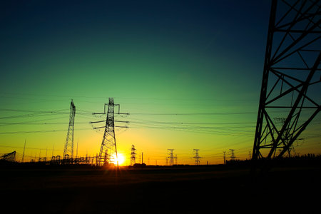 Pylon, high-voltage tower sky background, Electric power industry equipment
