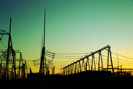 Pylon, high-voltage tower sky background, Electric power industry equipmentの写真素材