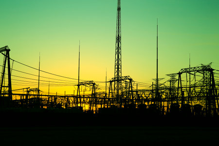 Pylon, high-voltage tower sky background, Electric power industry equipment