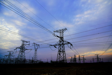 Pylon, high-voltage tower sky background, Electric power industry equipment