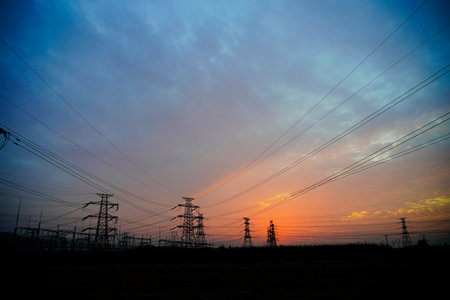 Pylon, high-voltage tower sky background, Electric power industry equipment
