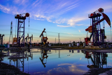 The oil pump, industrial equipment. Oil field site, oil pumps are running, Extraction of oil.