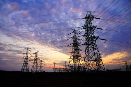 Pylon, high-voltage tower sky background, Electric power industry equipmentの写真素材
