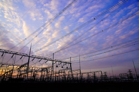 Pylon, high-voltage tower sky background, Electric power industry equipment