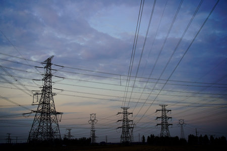 Pylon, high-voltage tower sky background, Electric power industry equipment