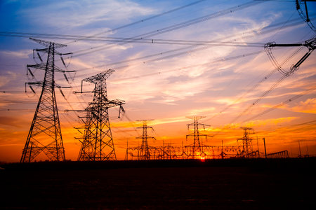 Pylon, high-voltage tower sky background, Electric power industry equipment