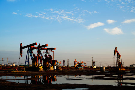 The oil pump, industrial equipment. Oil field site, oil pumps are running, Extraction of oil.の写真素材