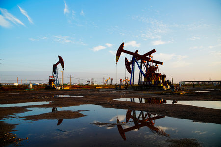 The oil pump, industrial equipment. Oil field site, oil pumps are running, Extraction of oil.