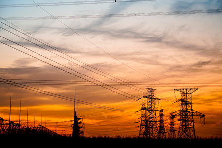 Pylon, high-voltage tower sky background, Electric power industry equipment