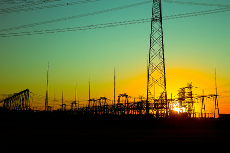 Pylon, high-voltage tower sky background, Electric power industry equipment