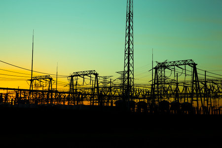 Pylon, high-voltage tower sky background, Electric power industry equipment