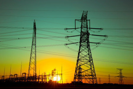 Pylon, high-voltage tower sky background, Electric power industry equipment