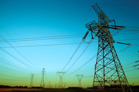 Pylon, high-voltage tower sky background, Electric power industry equipment