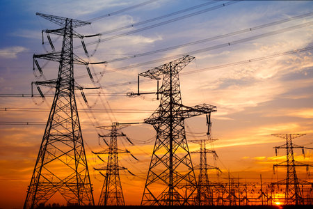 Pylon, high-voltage tower sky background, Electric power industry equipment