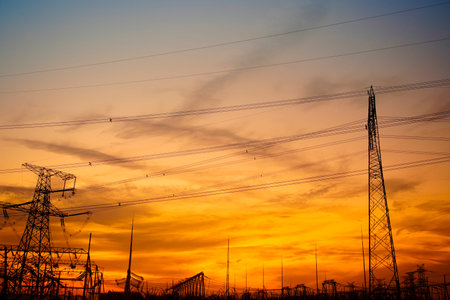 Pylon, high-voltage tower sky background, Electric power industry equipment