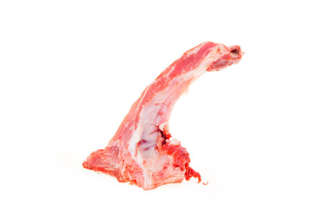 Pork with bones, pork ribs on a white background, fresh and tender meat, alternating between red and white.の写真素材