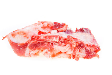 Pork with bones, pork ribs on a white background, fresh and tender meat, alternating between red and...