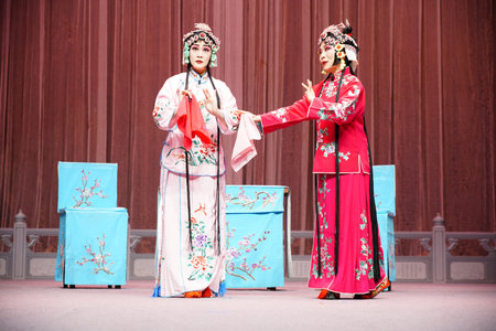 Luannan County, China - On February 7, 2026, in Luannan County, Tangshan City, Hebei Province, the classic Peking Opera play "Embroidered Shoes" was performed brilliantly on the local stage.のeditorial素材