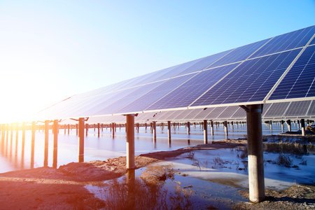 The power plant has rows of solar photovoltaic panels for producing clean electricity. The concept...