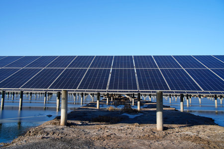 The power plant has rows of solar photovoltaic panels for producing clean electricity. The concept...