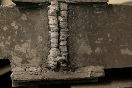 Closeup of a solidified slag with crater on a welded butt joint. Two metal plates welded together as...
