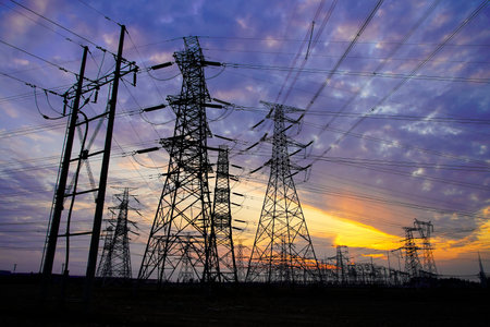 Pylon, high-voltage tower sky background, Electric power industry equipment