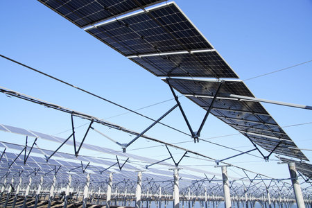 The power plant has rows of solar photovoltaic panels for producing clean electricity. The concept...