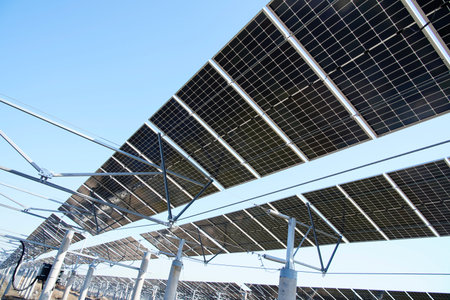 The power plant has rows of solar photovoltaic panels for producing clean electricity. The concept...