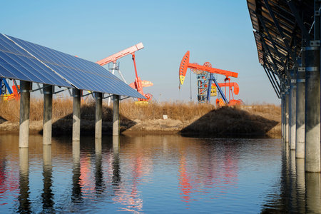 Oil pump, natural gas processing plant, with wind turbine, solar panel, industrial concept, energy...