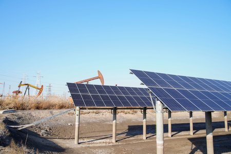 Oil pump, natural gas processing plant, with wind turbine, solar panel, industrial concept, energy...