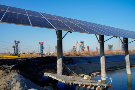 Oil pump, natural gas processing plant, with wind turbine, solar panel, industrial concept, energy...
