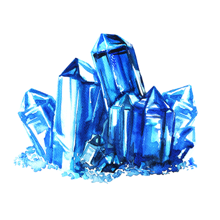 Blue amethyst crystals stones isolated, watercolor painting on white backgroundの写真素材
