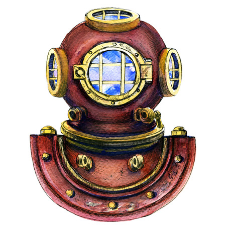 Retro vintage metal diving helmet isolated, watercolor painting on white backgroundの写真素材
