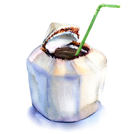 Fresh coconut water drink with straw isolated, watercolor illustration on whiteの写真素材